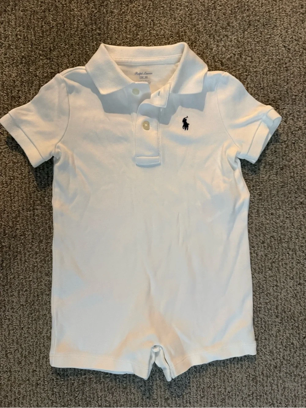 Ralph Lauren White Boys Polo Romper with Navy Pony